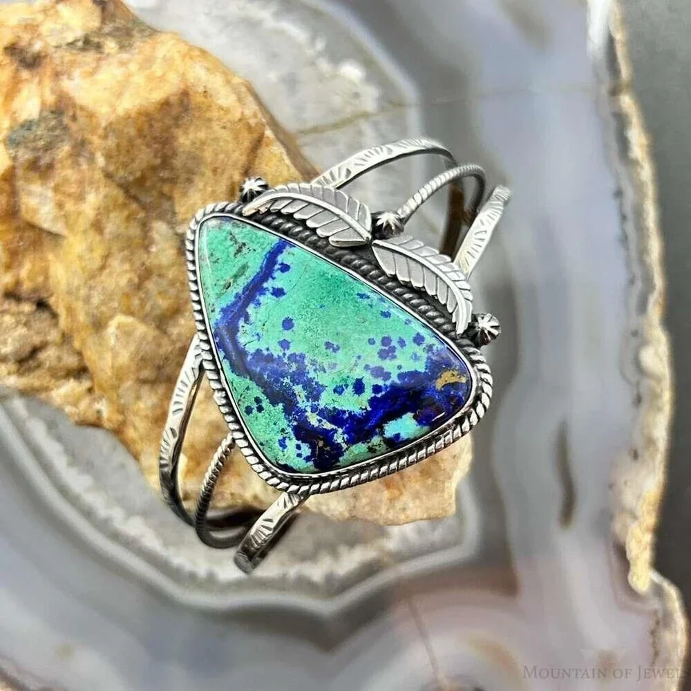 Sterling Southwestern Style Large Triangle Azurite Decorated Bracelet For Women